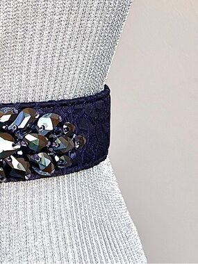 belt brocade embroidered gems hematite coveredbutton closure, retro leather back